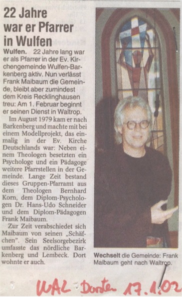 Zeitungsbericht: Verabschiedung von Pfarrer Frank Maibaum aus Wulfen im Jahr 2002